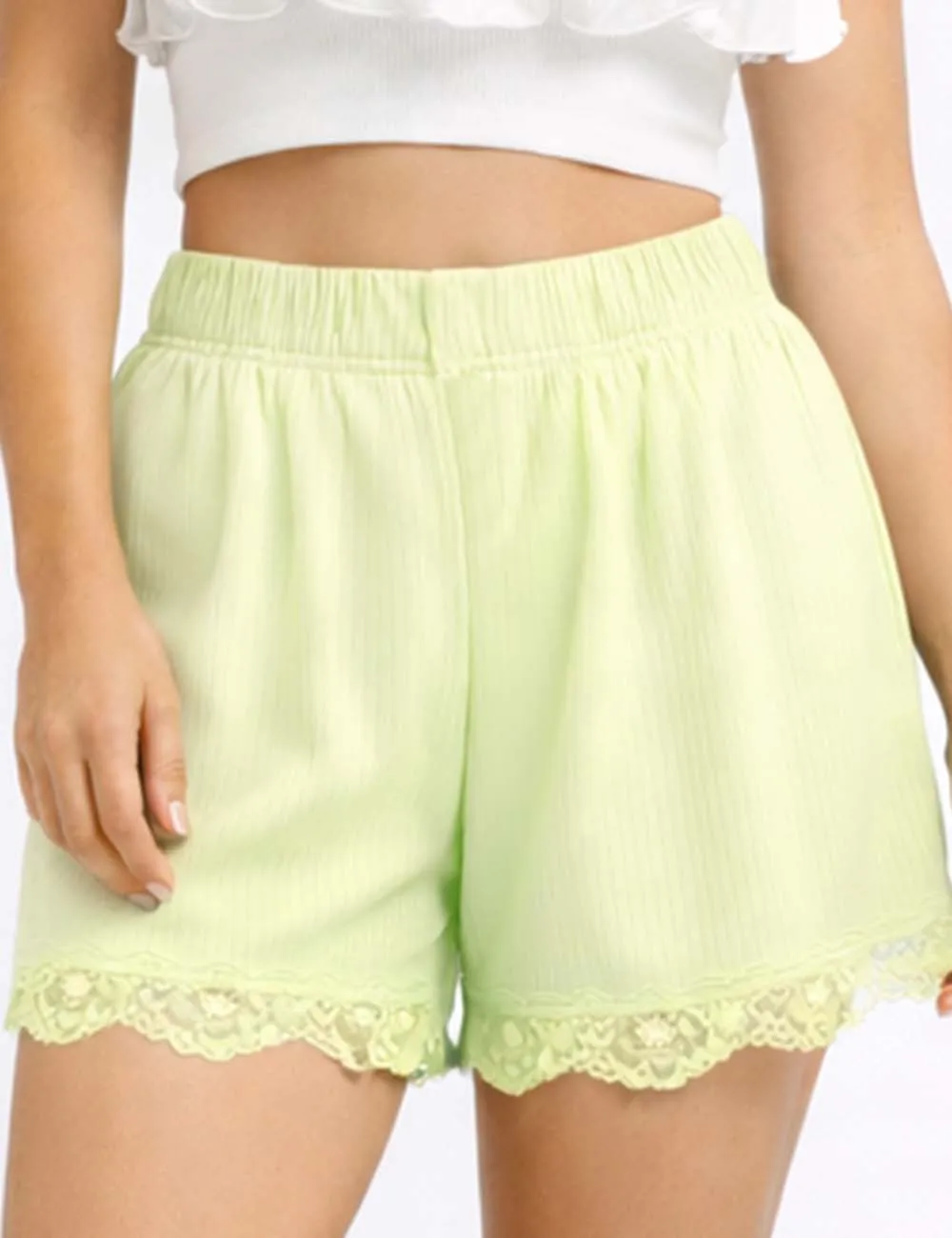 Ribbed Knit Elastic Waist Lace Trim Wide Leg Shorts
