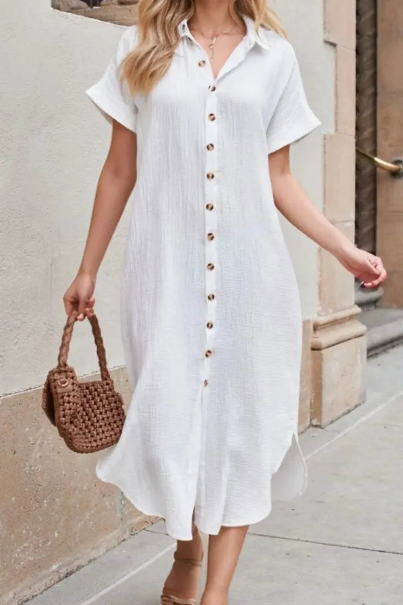 Button Down Short Sleeve Midi Shirt Dress