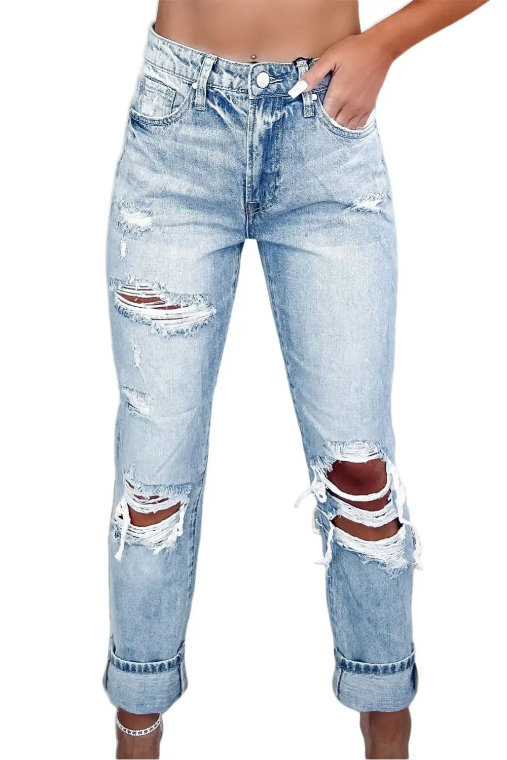 Light Wash Frayed Slim Fit High Waist Jeans