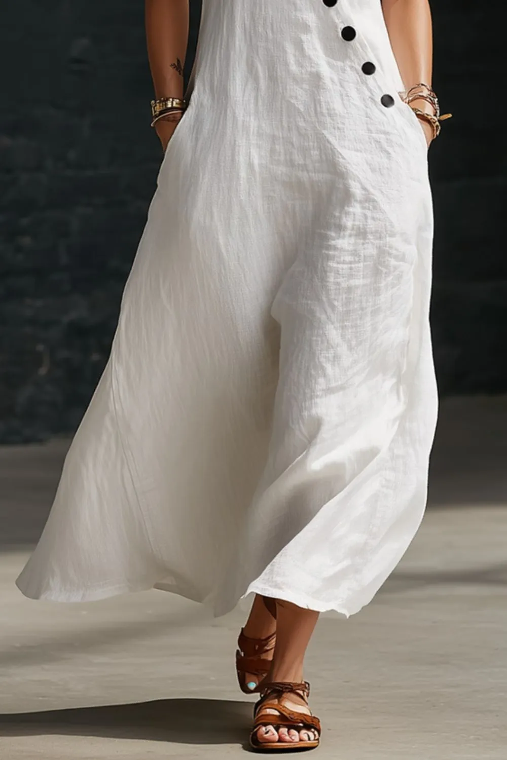 Drape Button Front Sleeveless Midi Dress