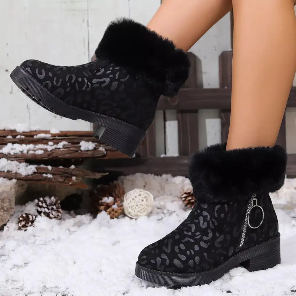Fuzzy Cuff Print Ankle Boots