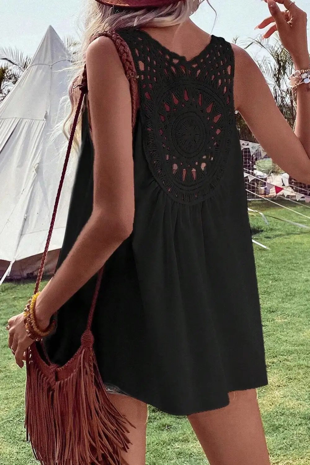 Bohemian Crochet Patchwork Sleeveless Tunic Top