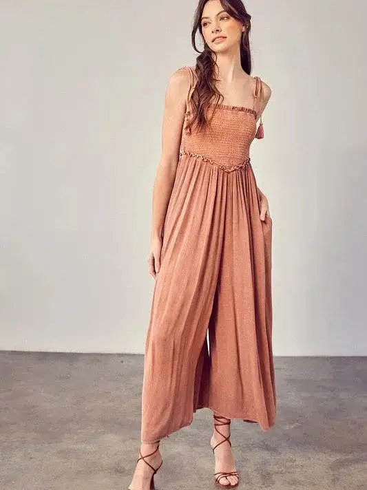 Slay with Sweetness Front Smocked Wide Leg Jumpsuit with Tie Straps