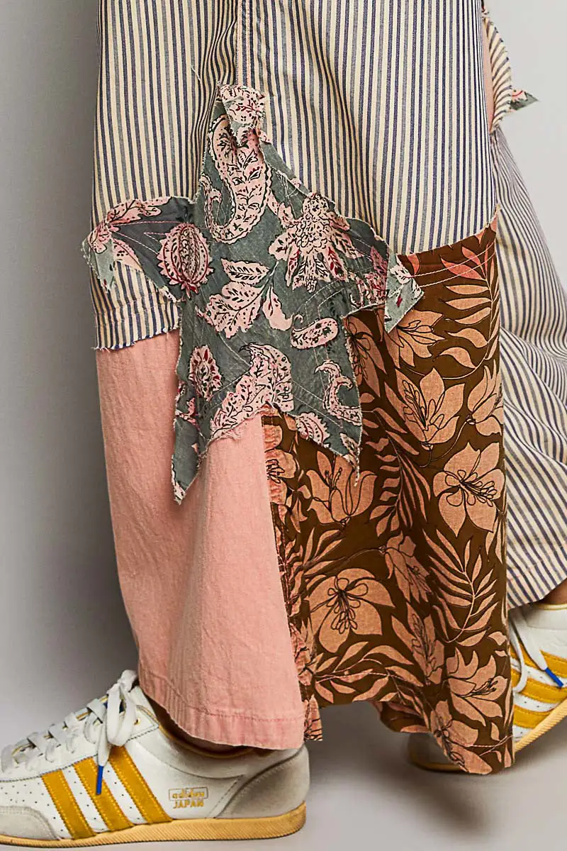 Striped Floral Patchwork Wide Leg Pants With Side Big Star Patch