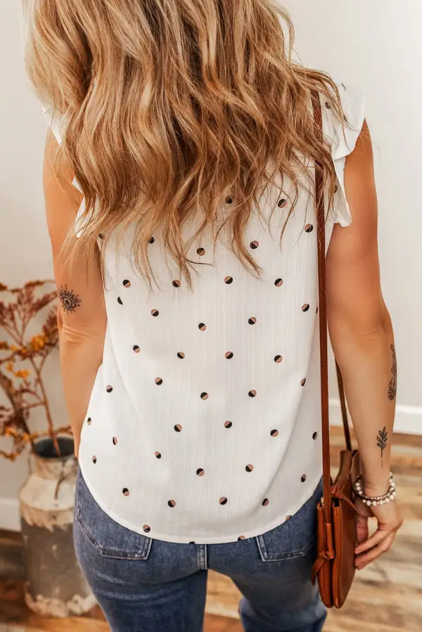 Polka Dot Print Ruffled Shoulder V Neck Tank Top