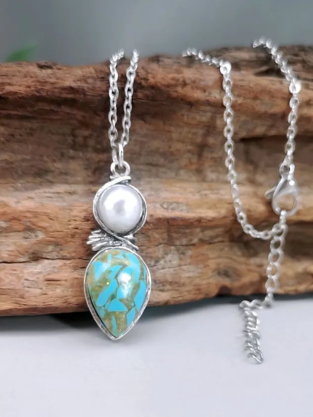 Drop Shaped Turquoise Imitation Pearl Pendant Necklace