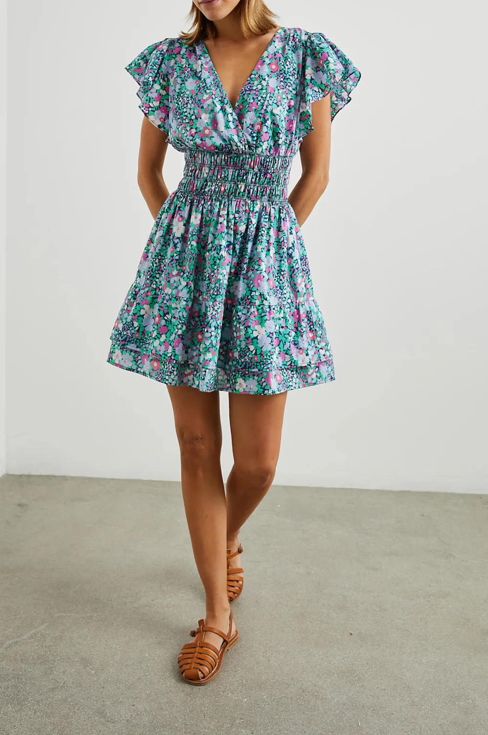 Floral Leaf-Shaped Sleeve Fitted Waist Dress