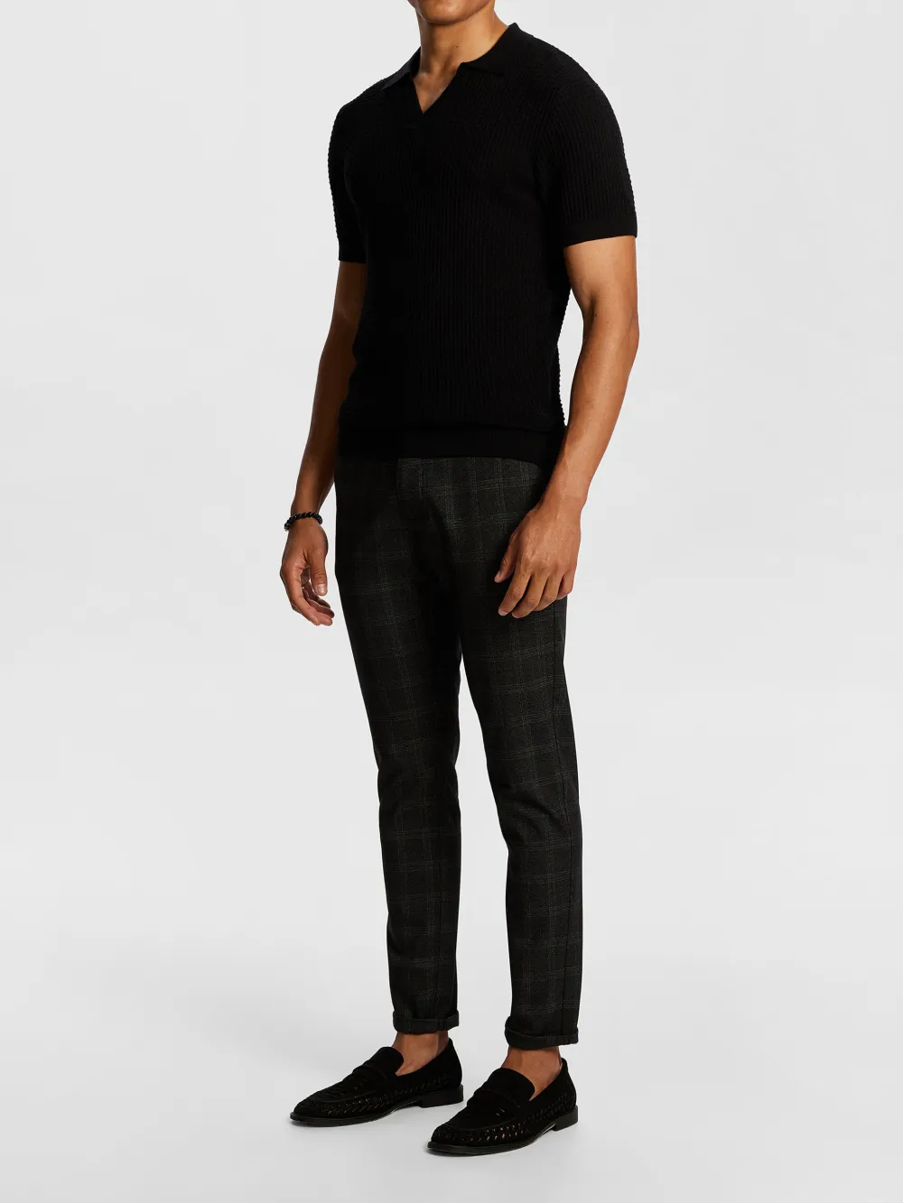 Black Short Sleeve Ribbed Knit Polo Shirt