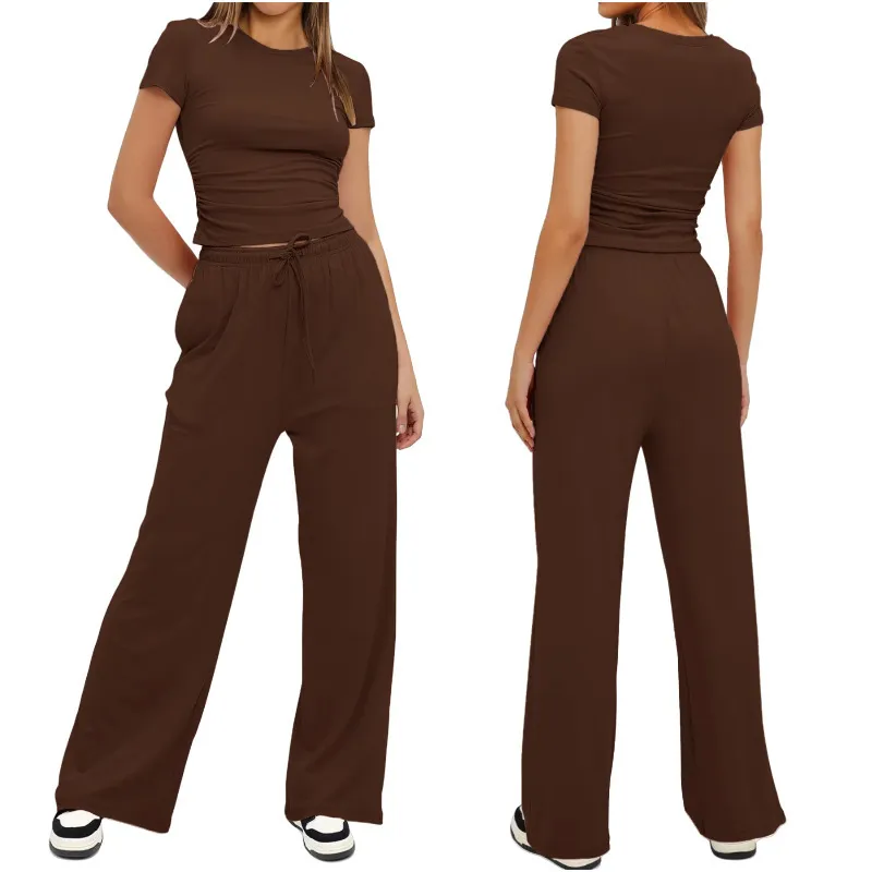 Casual Long Sleeve Top & High-Waist Wide-Leg Pants Tracksuit Set