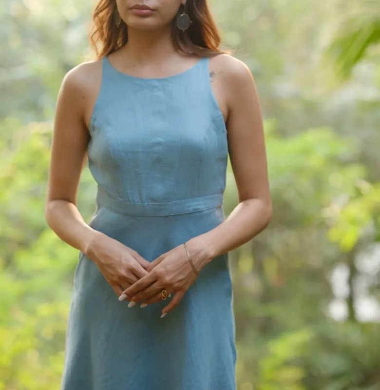 Aqua Linen Cutaway Maxi Dress