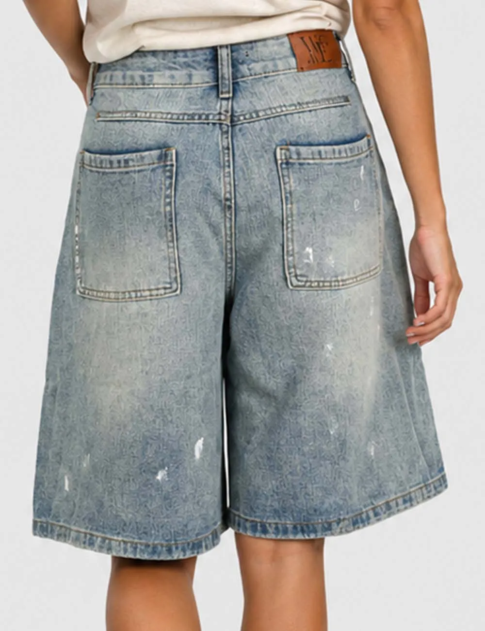 Distressed Wide Leg Denim Bermuda Shorts