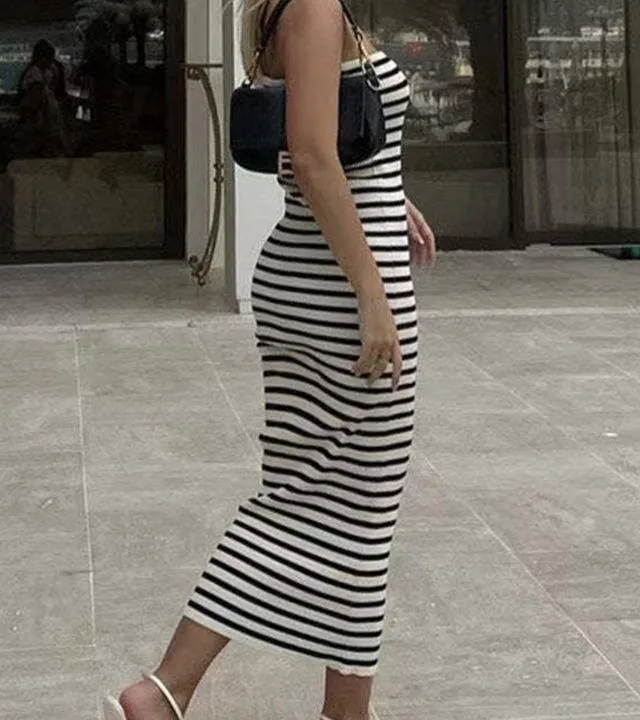 Women's Retro Contrast Stripe Tube Knit Dress