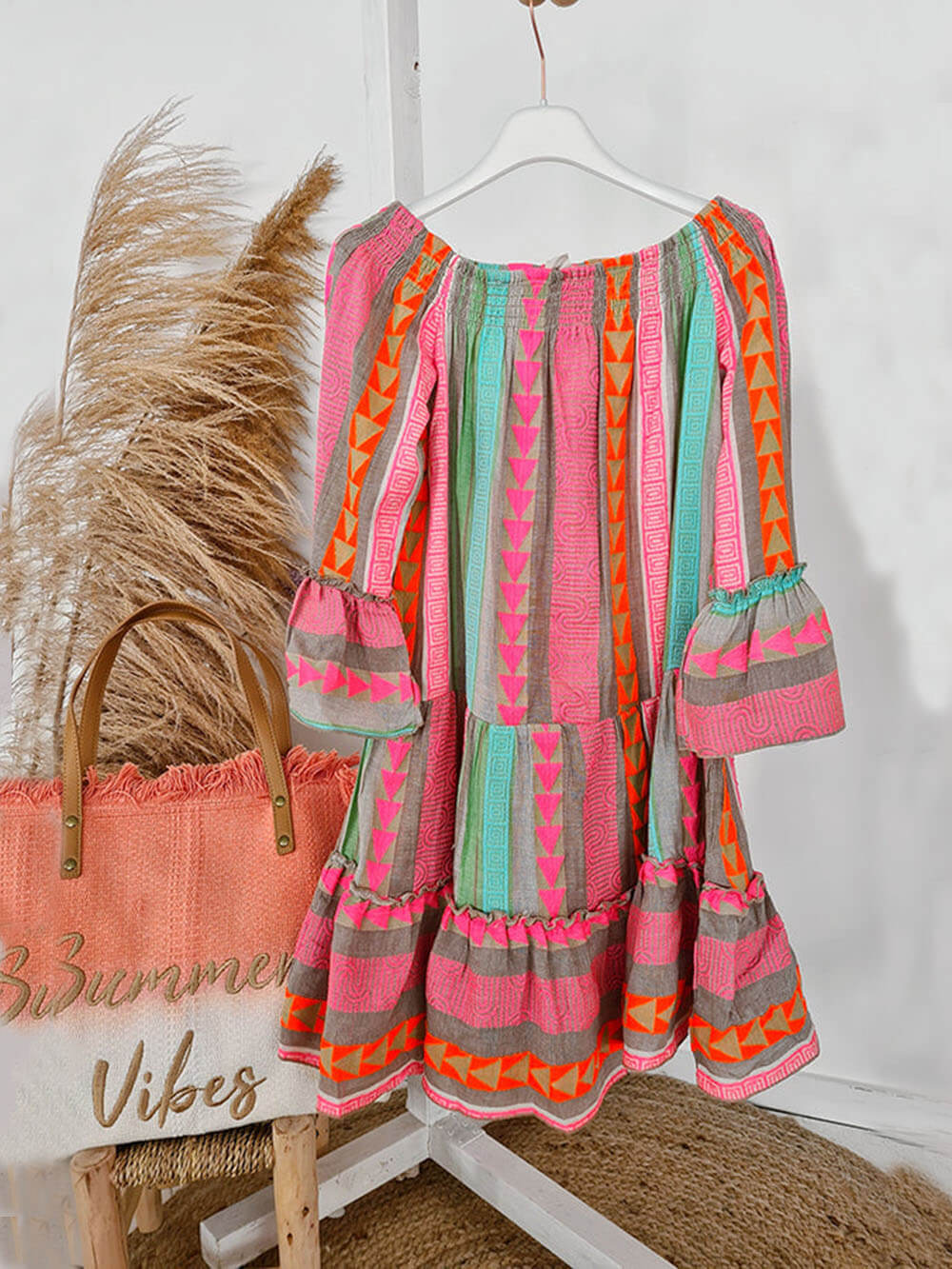 Linen blend ethnic print off-shoulde loose mini dress