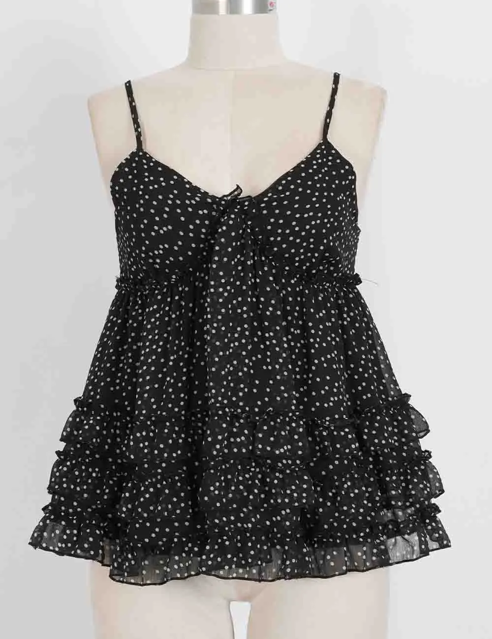 Polka Dot Ruffle Tiered Hem V Neck Cami Top