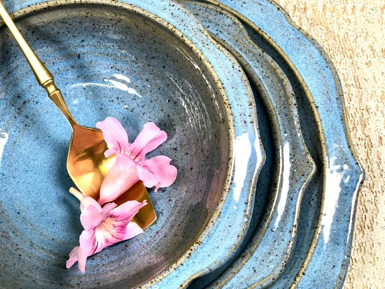 Blue dinnerware set.