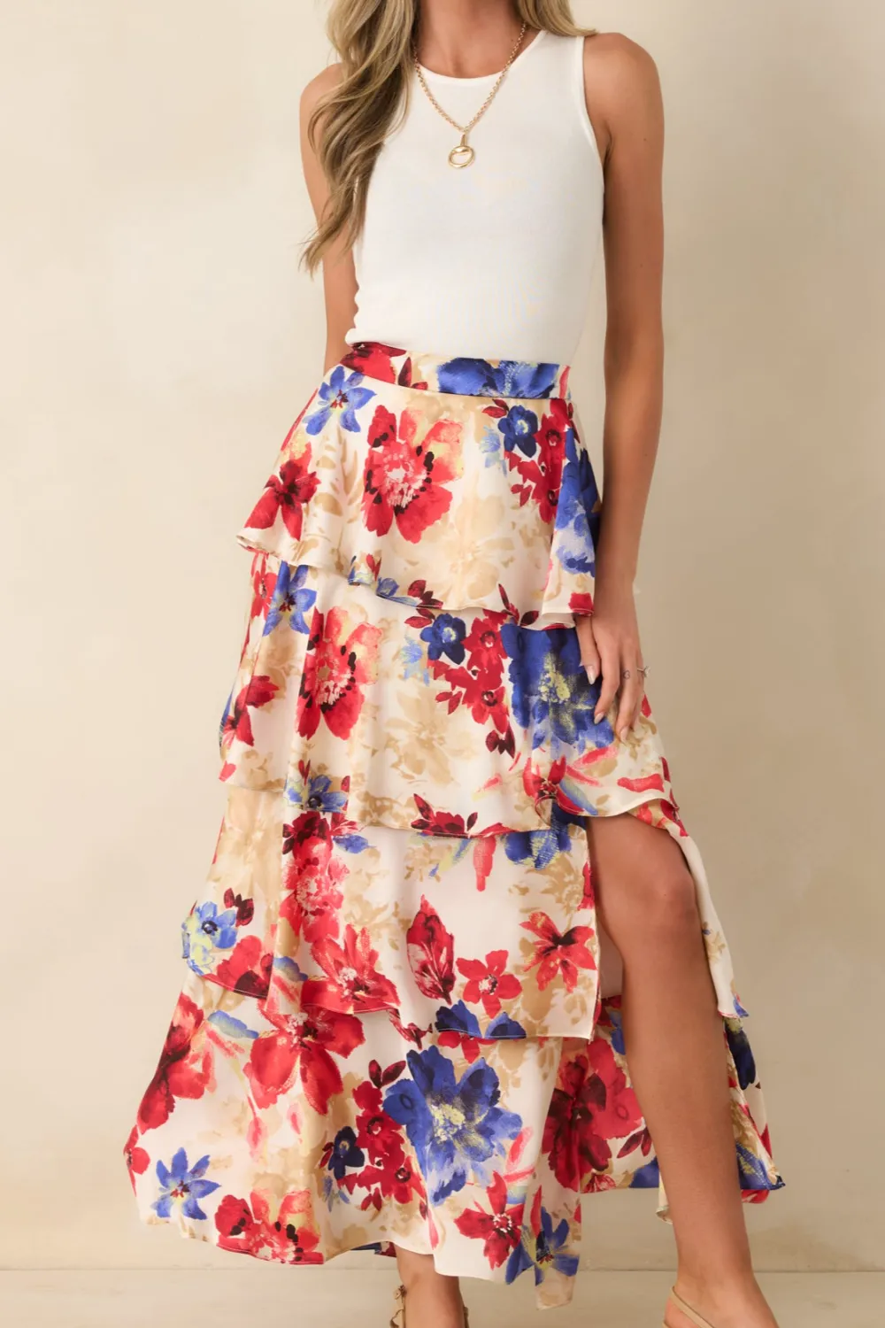 Multi Floral Print Tiered Maxi Skirt