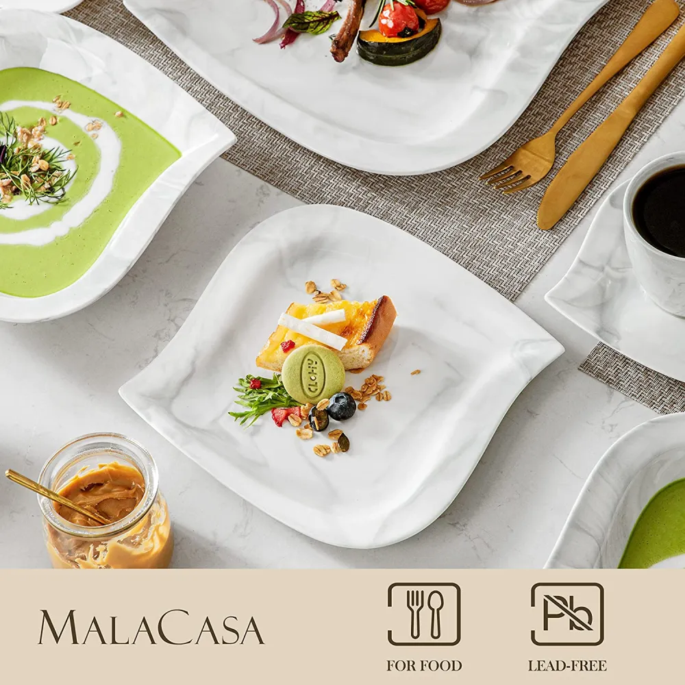 MALACASA Dish Set for 12, 60 Piece Marble Grey Square Dinnerware Sets, Porcelain Dinner Set with Plates and Bowls Sets, Cups and Saucers, Dishware Sets Kitchen Dishes Microwave Safe, Series Blance