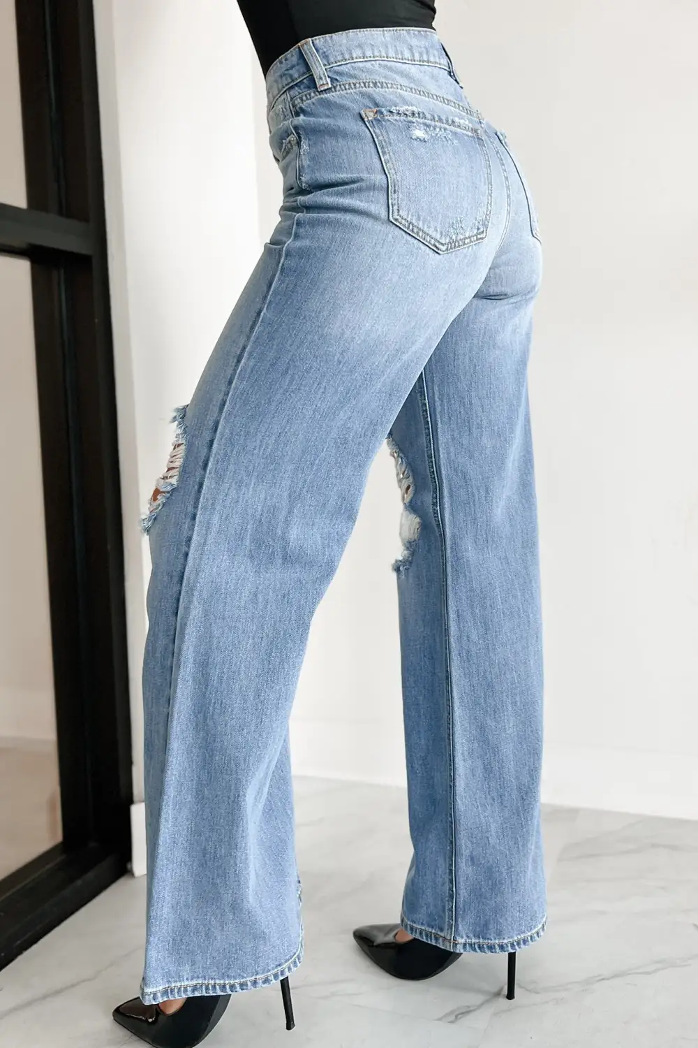 High Rise Distressed Wide Leg Sneak Peek Jeans
