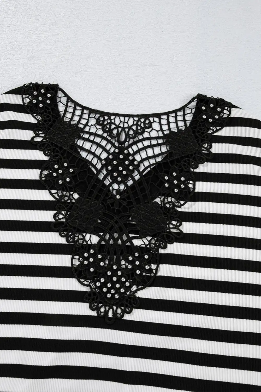Black Stripe Crochet Hollow-Out Back Buttoned Shoulder V Neck Top
