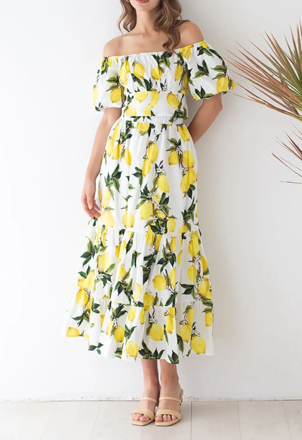 OFF-SHOULDER BOWKNOT CROP TOP AND FLARE SKIRT SET IN LEMON PRINT