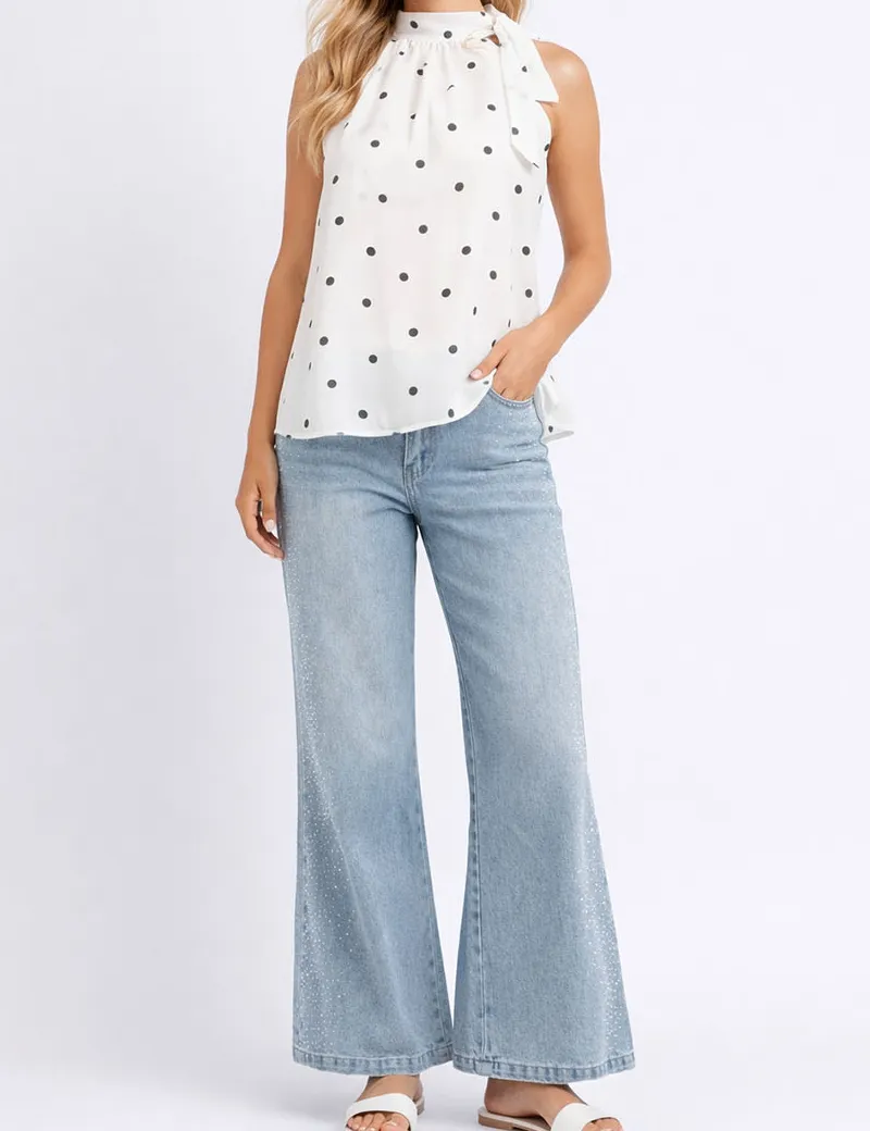 Bow Neck Halter Polka Dot Sleeveless Top