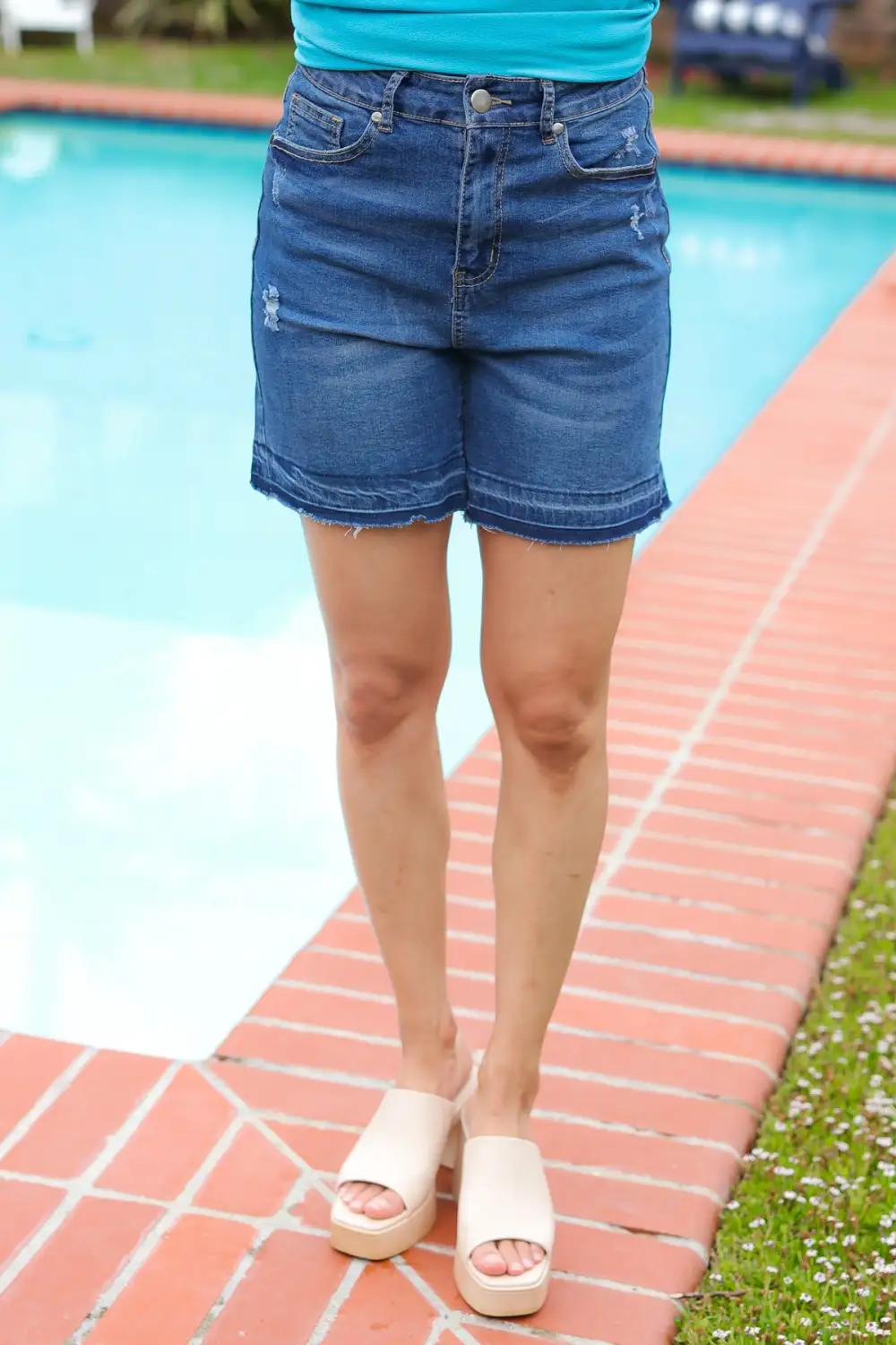 Indigo Blue High Rise Release Hem Distressed Jean Shorts