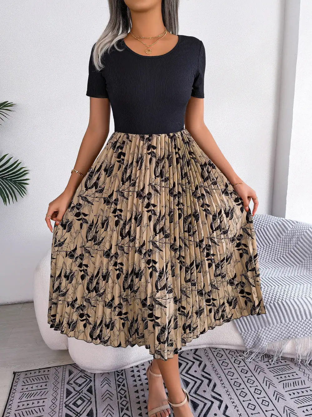 Pleated Round Neck Dress