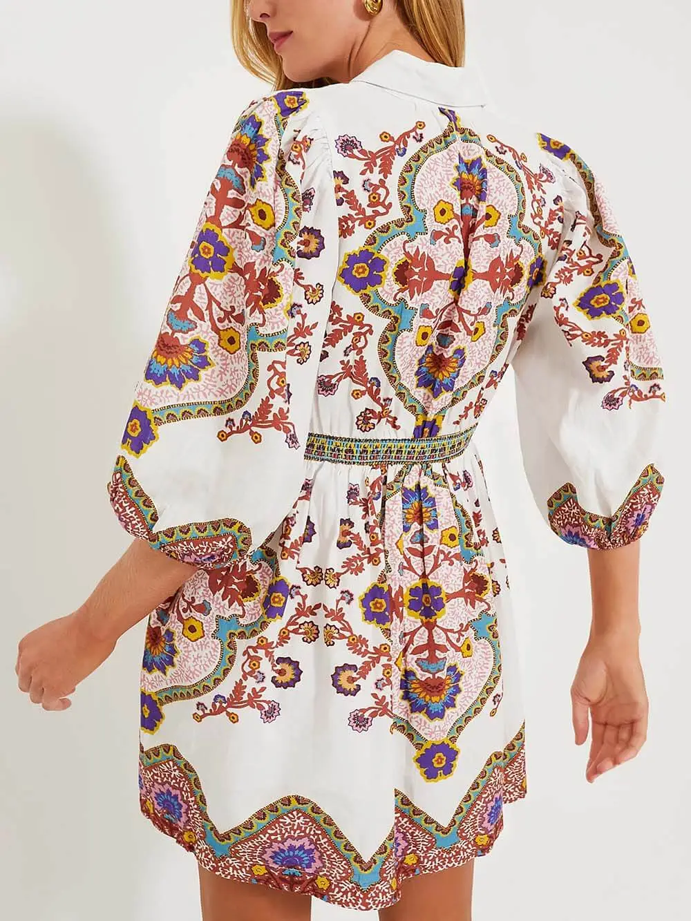 Unique Print Puff Sleeve Pocketed Mini Dress