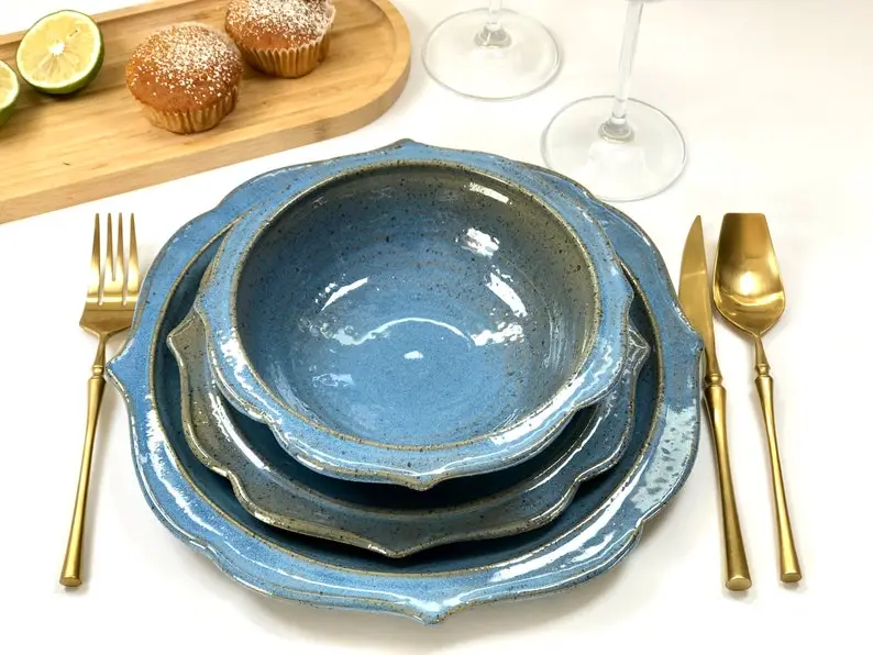 Blue dinnerware set.