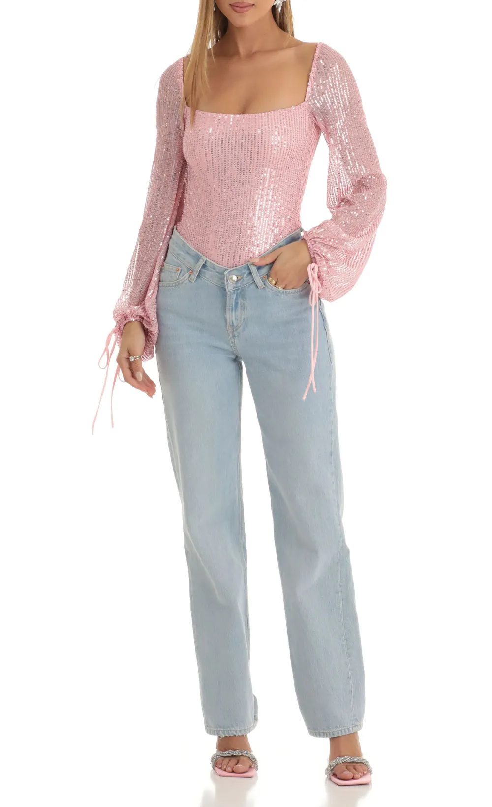 Sequin Long Sleeve Bodysuit in Pink
