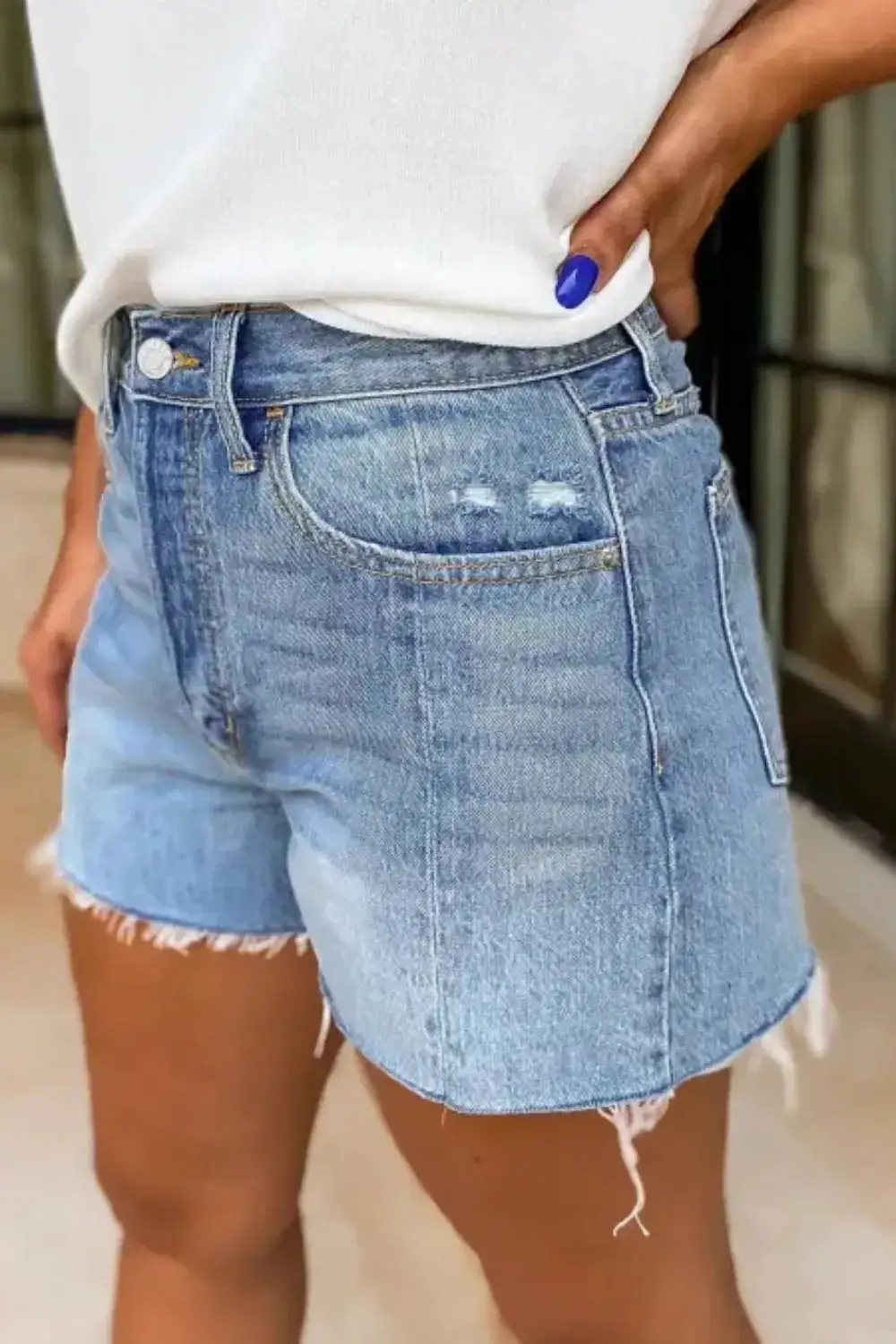 Frayed Hem High-Waisted Denim Shorts