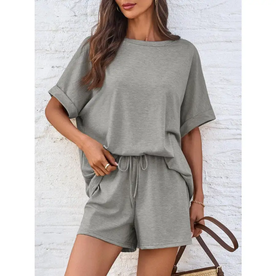 Round Neck T Shirt and Drawstring Shorts Set