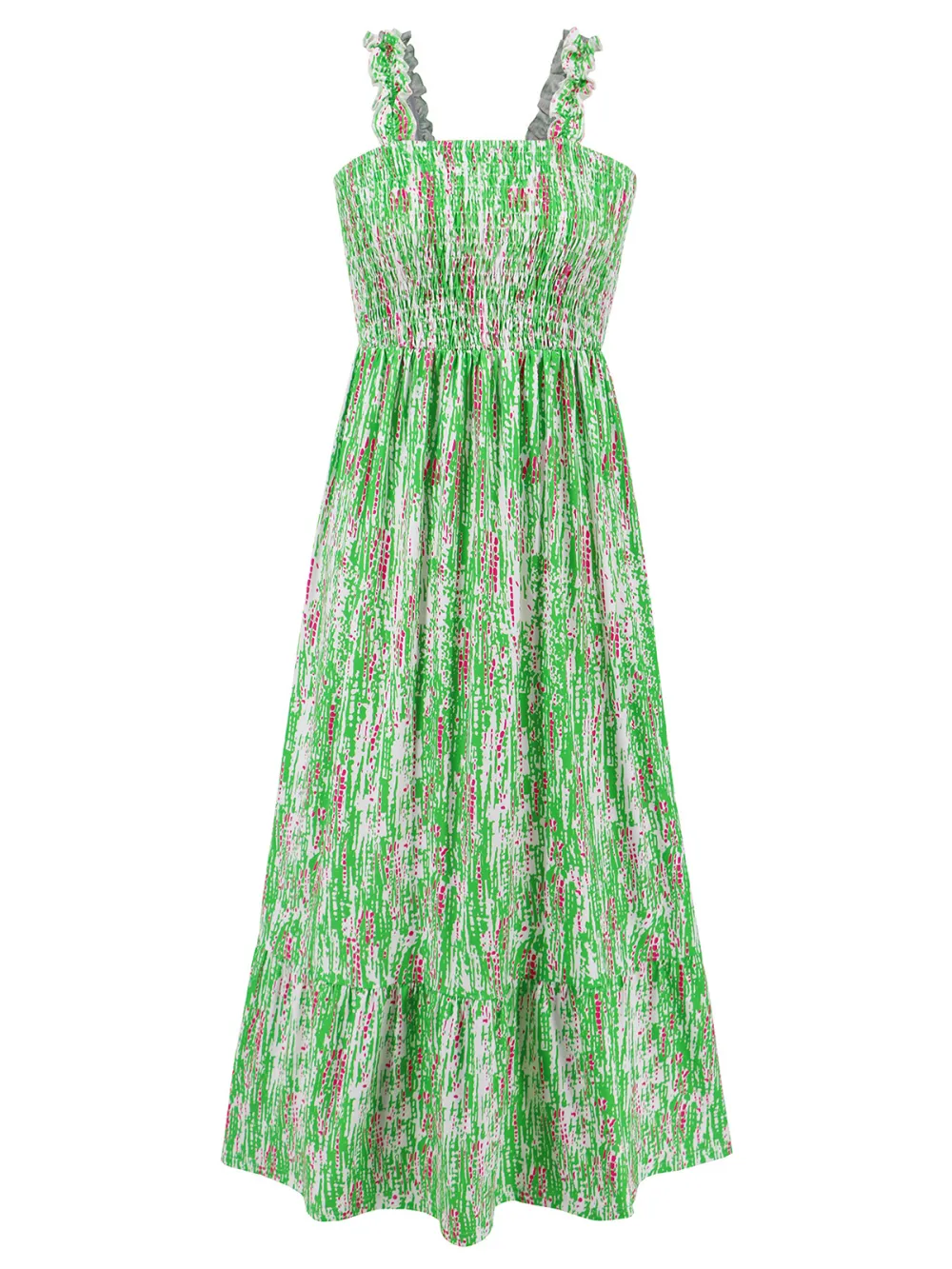 Elegant Printed Elastic Suspender Skirt Holiday Style French Floral Suspender Long Dress