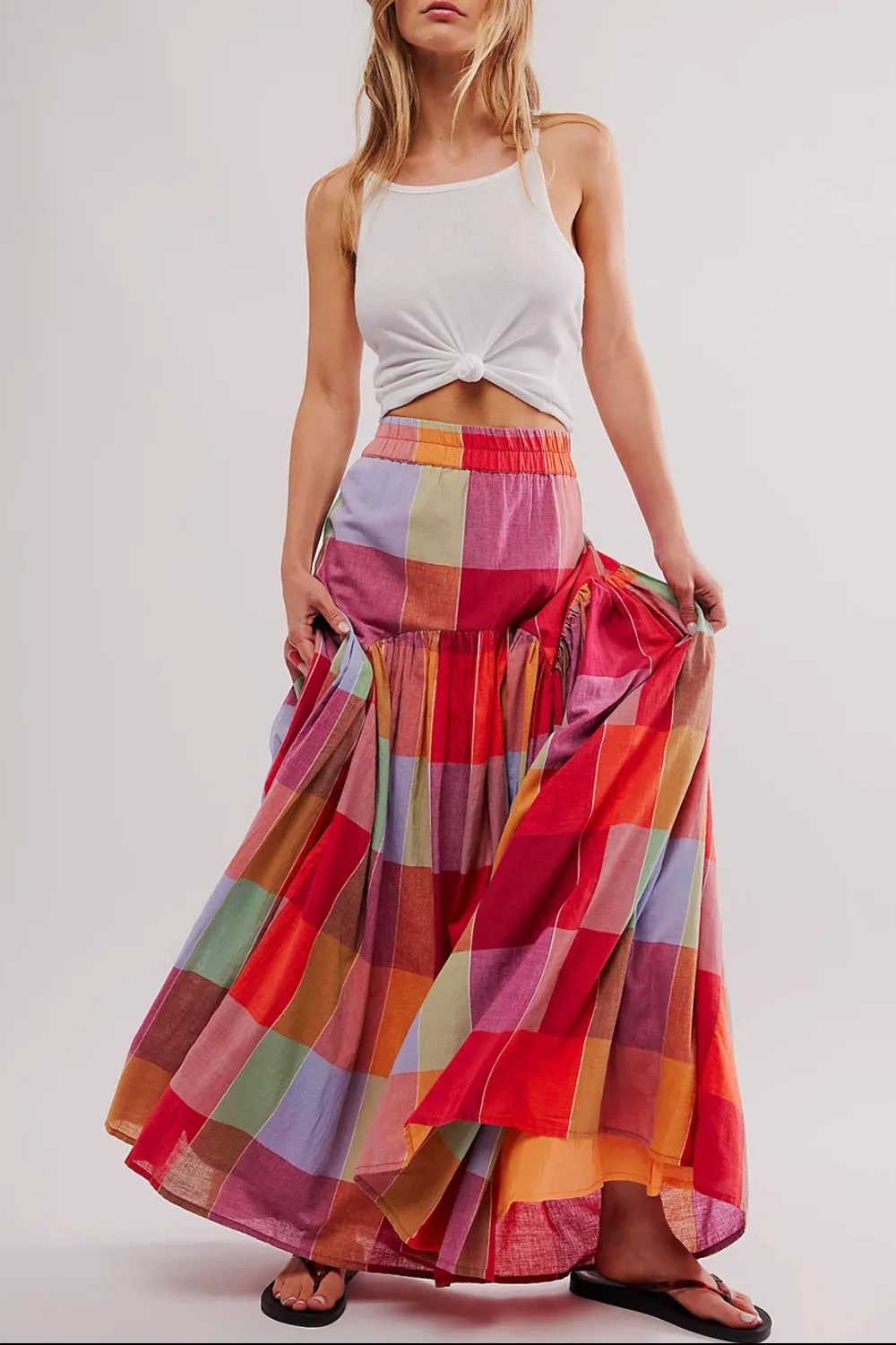 Color Block Elastic Waist Skirt