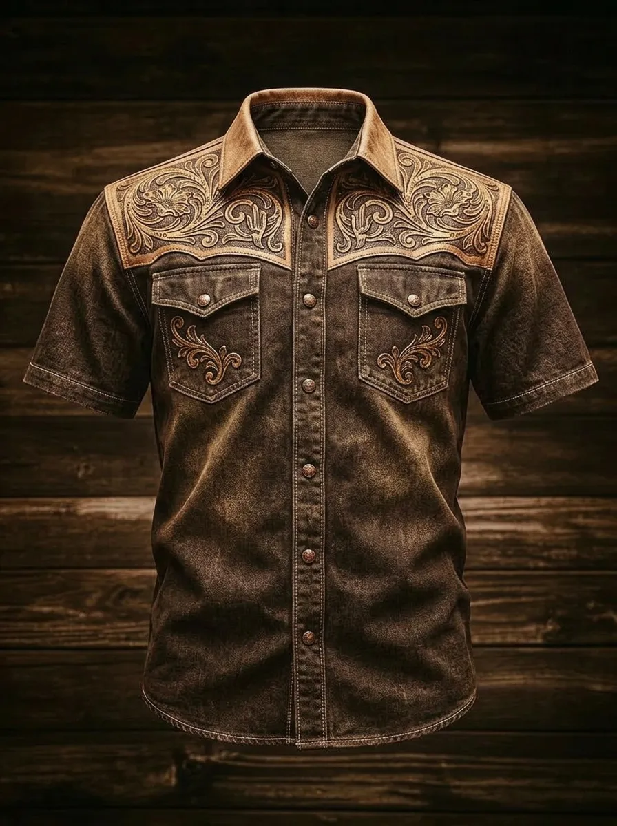 Men's Western Cowboy Floral Tooled Leather Printed Shirt-7