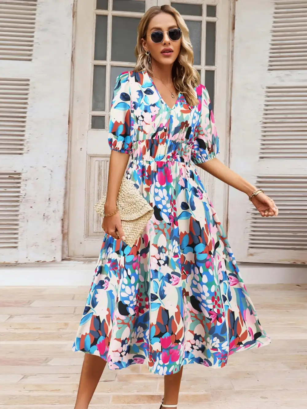 Boho Chic  Ruched Printed Surplice Short Sleeve Dress