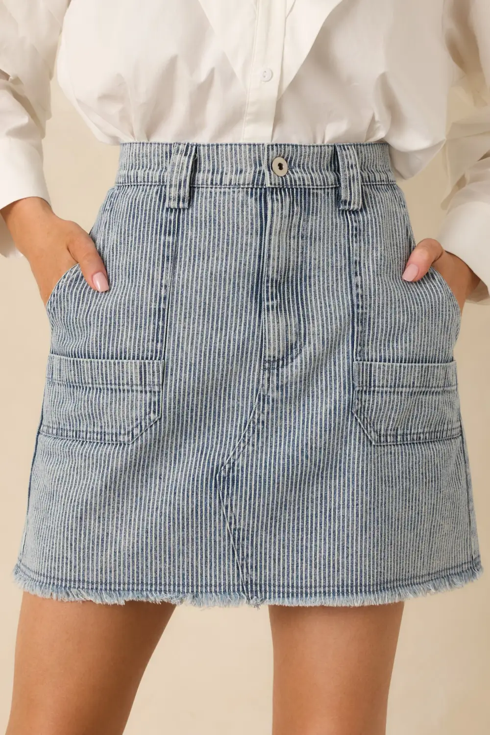 Distressed Stripe Cotton Denim Mini Skirt