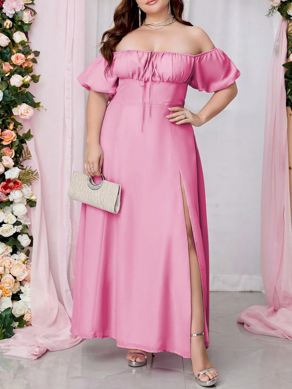 Strapless Dress With Puff Sleeves And High Slits Long Dress Plus Siz