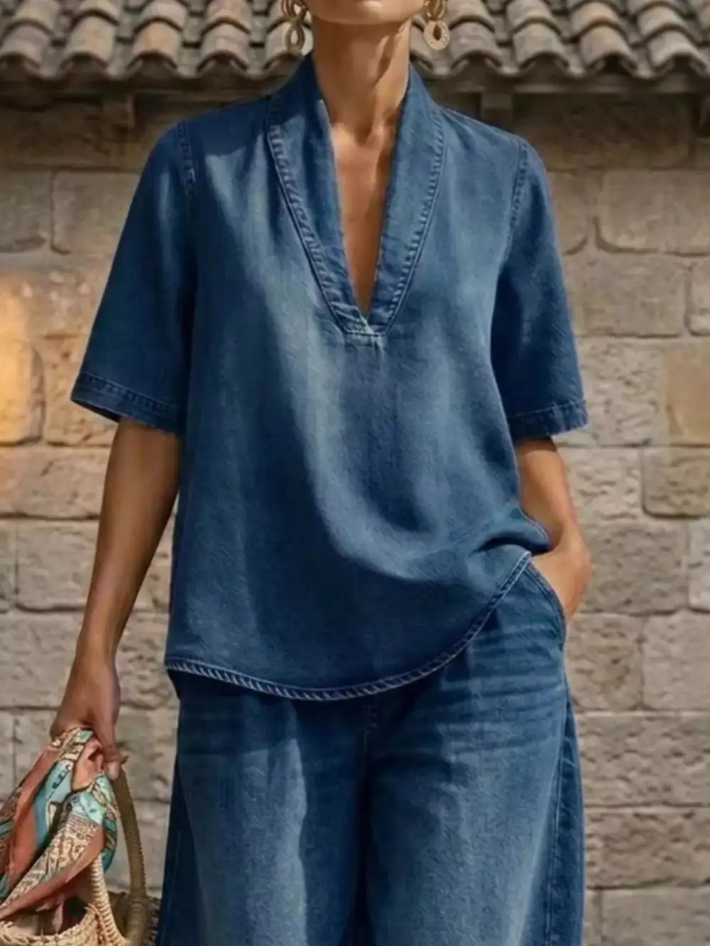 Half Sleeve Top and Wide Leg Pants Set