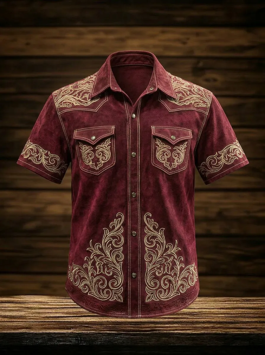 Men's Western Cowboy Floral Embroidery Printed Shirt
