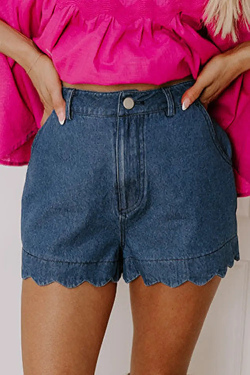 Everyday Scalloped Hemline Acid Wash High Waist Denim Shorts