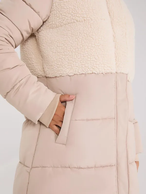 Beige Short Shearling Puffer Jacket