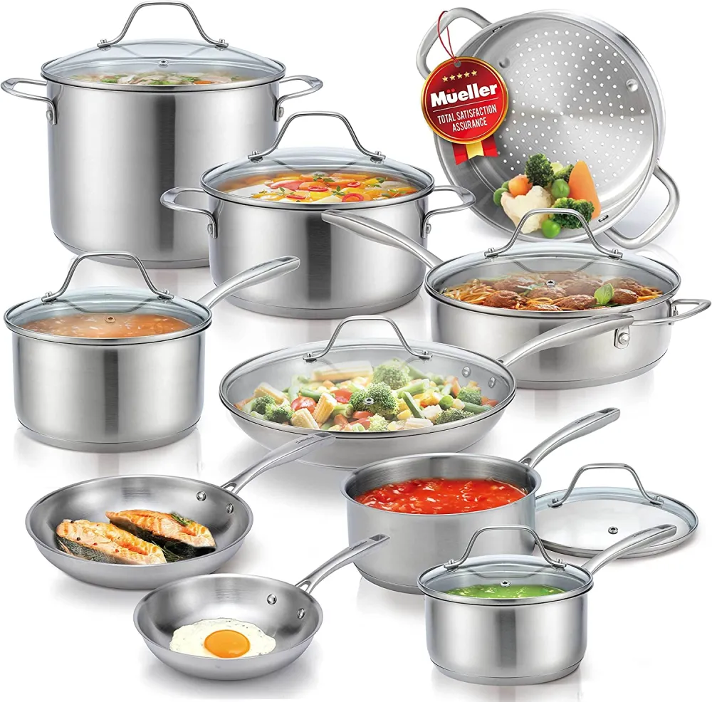 Pots and Pans Set 17-Piece, Ultra-Clad Pro Stainless Steel Cookware Set, Ergonomic and EverCool Stainless Steel Handle, Includes Saucepans, Skillets, Dutch Oven, Stockpot, Steamer and More