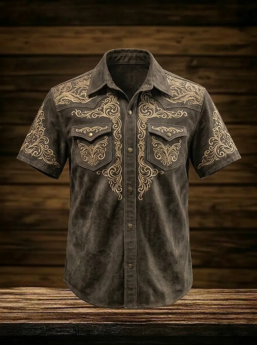 Men's Western Cowboy Floral Embroidery Printed Shirt