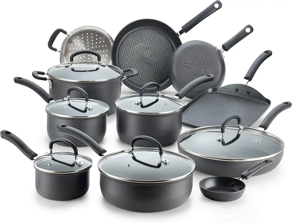 Ultimate Hard Anodized Nonstick Cookware Set 17 Piece Pots and Pans, Dishwasher Safe Black