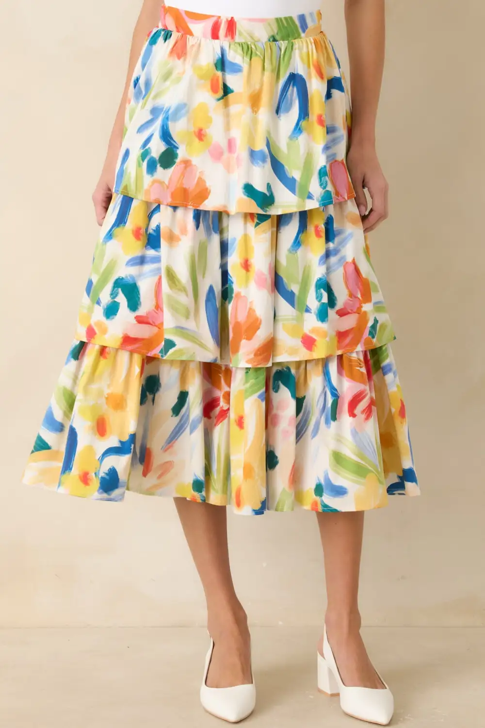 Multi Cotton Abstract Floral Print Tiered Midi Skirt
