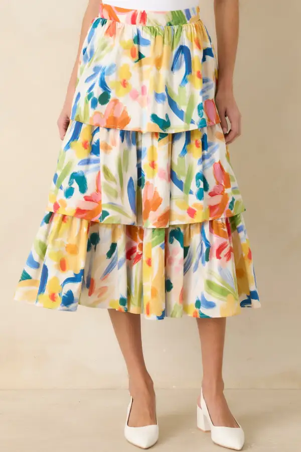 Multi Cotton Abstract Floral Print Tiered Midi Skirt