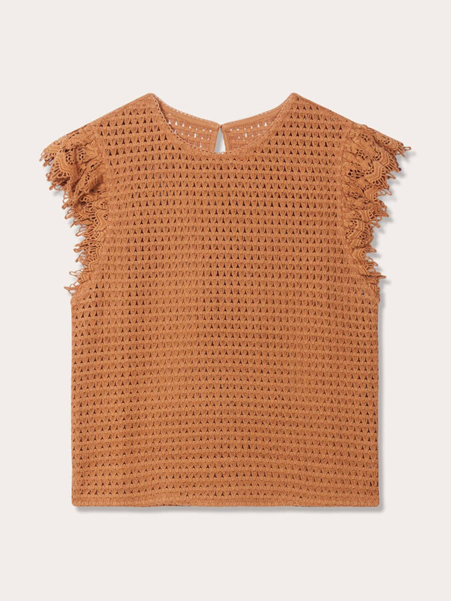 T-shirt crochet col rond beige femme