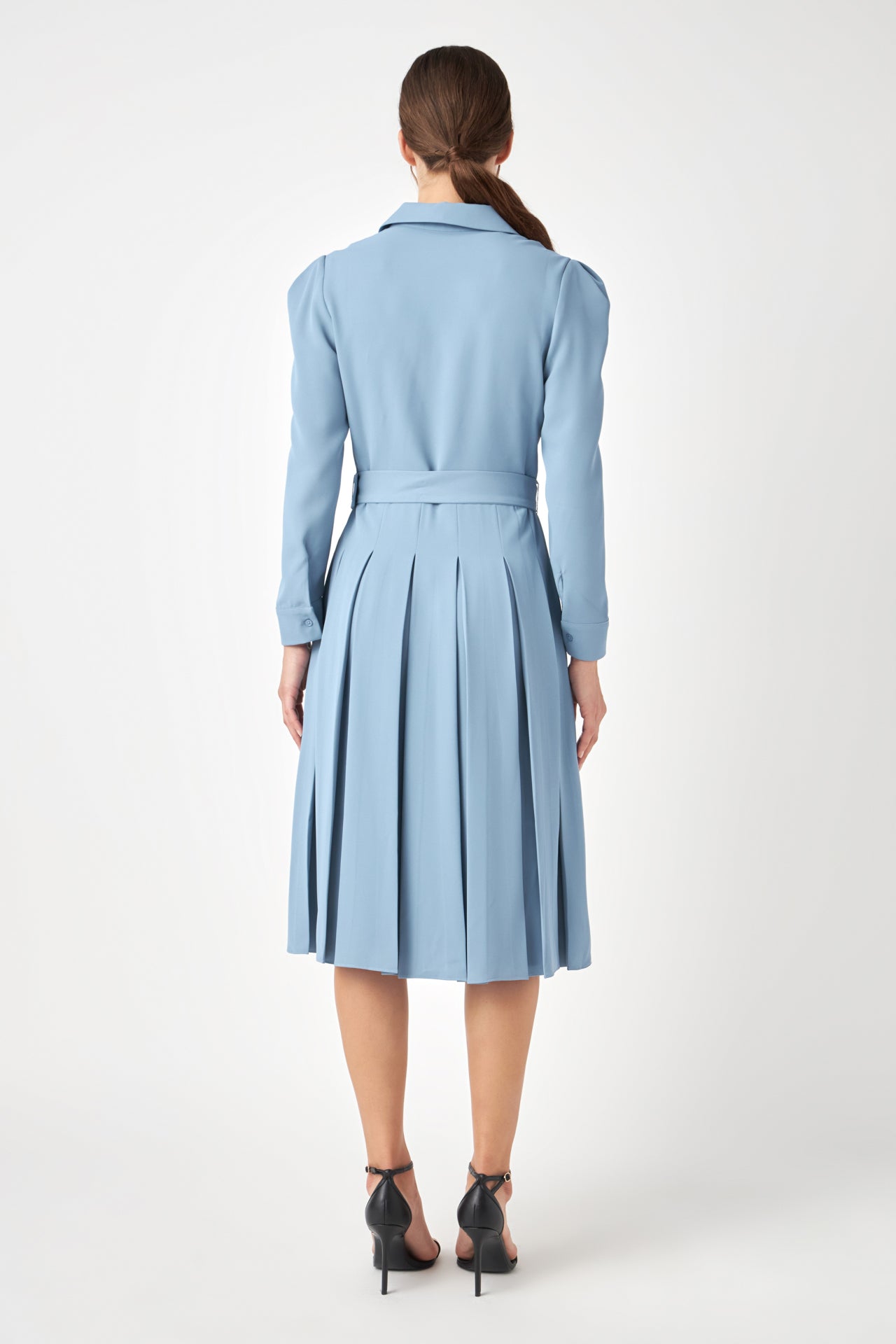 Pleated Collared Long Sleeve Midi Dress