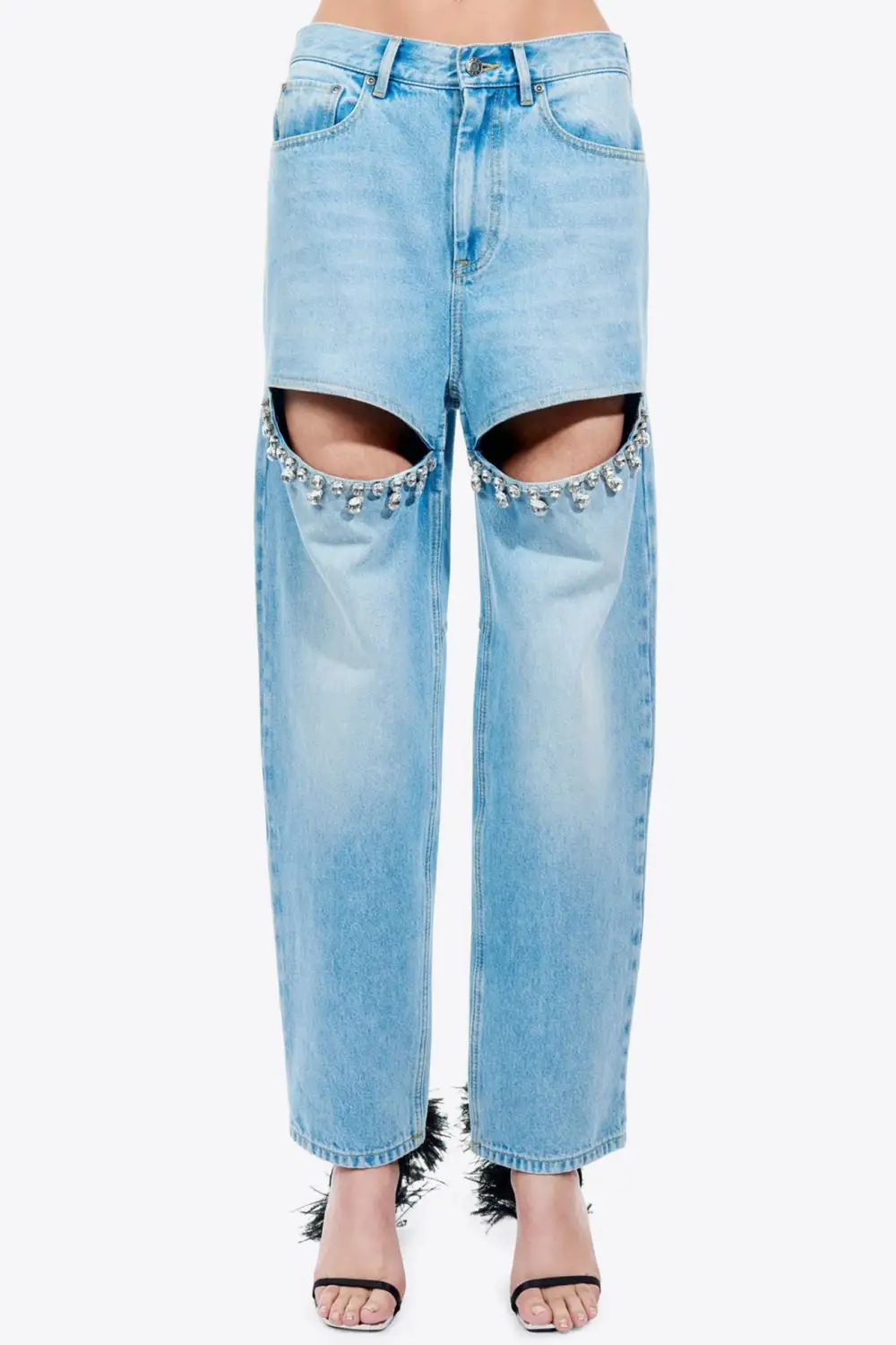Beaded Cutout Straight Jeans